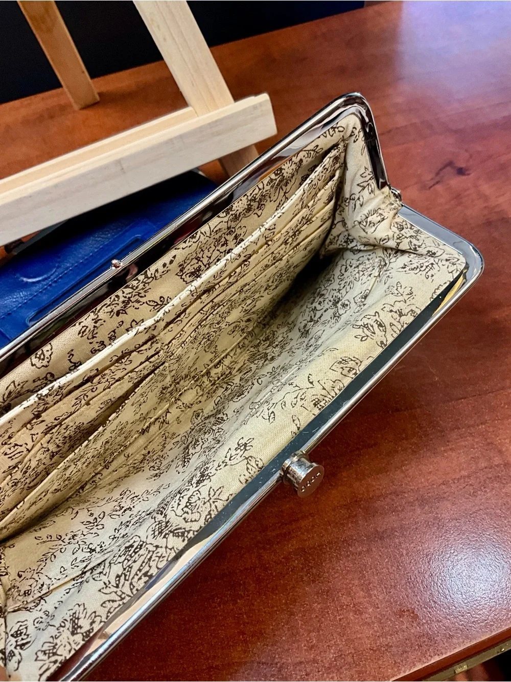 HOBO Navy Leather Frame Clutch with Silver Trim